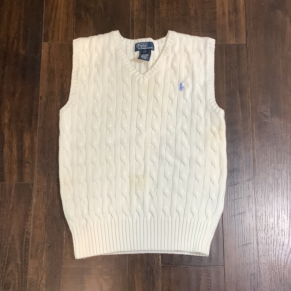 Polo Ralph Lauren Kids Cream White Cable Knit V-Neck Sweater Vest Size 7